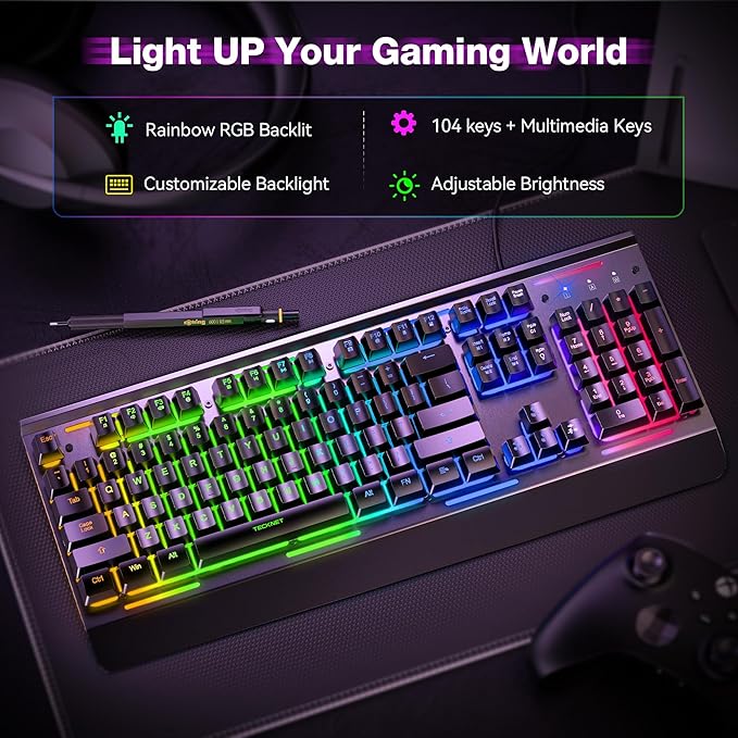 TECKNET Wired Gaming Keyboard, USB Wired Computer Keyboard, 15-Zone RGB Illumination, IP32 Water Resistance, 25 Anti-ghosting Keys, All-Metal Panel (Whisper Quiet Design)