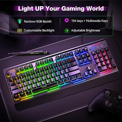 TECKNET Wired Gaming Keyboard, USB Wired Computer Keyboard, 15-Zone RGB Illumination, IP32 Water Resistance, 25 Anti-ghosting Keys, All-Metal Panel (Whisper Quiet Design)