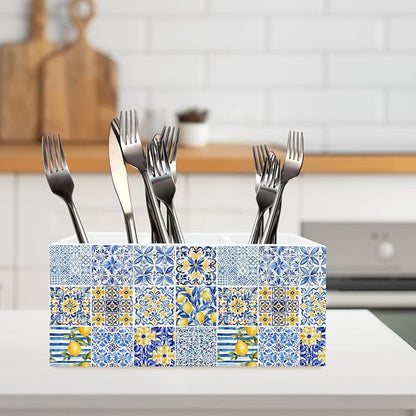 Mediterranean Italy Lemon Pen Pencil Kitchen Cooking Brush Makeup Utensil Holder Organizer for Desk, Mediterranean Lemon Decor, Blue and White Wooden Box Sign for Home Office Tabletop Decor