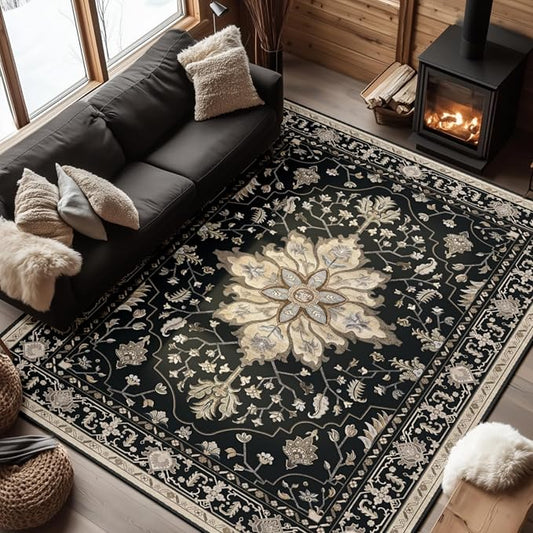 RELEANY Area Rugs 7'x9' Washable Non-Slip, Floral Vintage Distress Medallion Carpet for Living Room Bedroom Dining Room, Black Brown Neutral Dark Tan