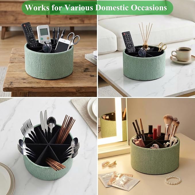 Remote Control Holder, 360°Spinning PU Leather Desk TV Remote Caddy,Desk Storage Box Room Accessories for Controller, Media,Mail,Calculator, Mobile Phone,Pencil(1-Big Wood Green)