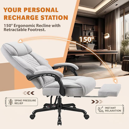 Shahoo Massage Office Chair with Heat & 6 Vibration Points, 400LBS Big and Tall Office Chair with Foot Rest, High Back Ergonomic Reclining Executive Desk Chair for Home Office Desk, PU Leather, Grey