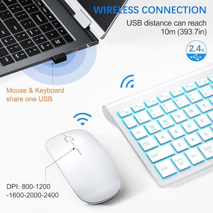 Wireless Backlit Keyboard and Mouse Ultra Slim Combo, TopMate 2.4G Silent Compact 2400DPI Mouse and Scissor Switch Keyboard Set, Batteries Included, for PC/Laptop/Windows/Mac/Gaming - BL Matte White