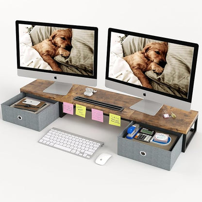 39 Inch Dual Monitor Stand Riser with 2 Drawers - Large Brown Wooden Computer Stand for 2 Monitors, Ergonomic Desk Organizer with Phone Holder, Desktop Storage for Laptop, Office Supplies, Home Office