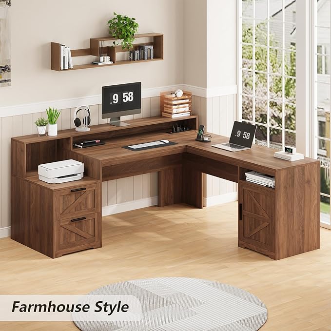 YOMILUVE 63" Farmhouse L Shaped Executive Desk with Drawers & Storage Shelf, Corner Computer Desk with Power Outlets, L Shaped Office Desk with Monitor Stand, Printer Shelf, Brown