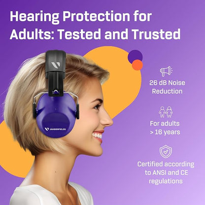 Vanderfields - Hearing Protection Ear Muffs - Over 31 dB (2K Hz) Broad Noise Cancelling Sound Reduction - Adults & Teens