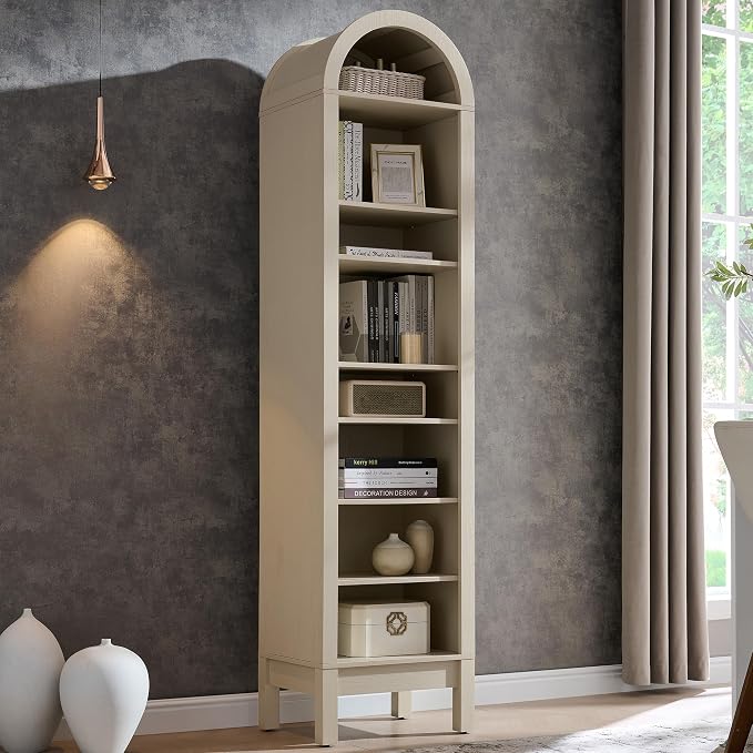 IFGET 71" Tall Arched Bookshelf, 8 Tiers Arch Bookcase with Storage, Modern Farmhouse Book Shelf with Adjustable Shelves, Wood Bookshelf w/Open Display Shelves for Living Room, Office (Cream)