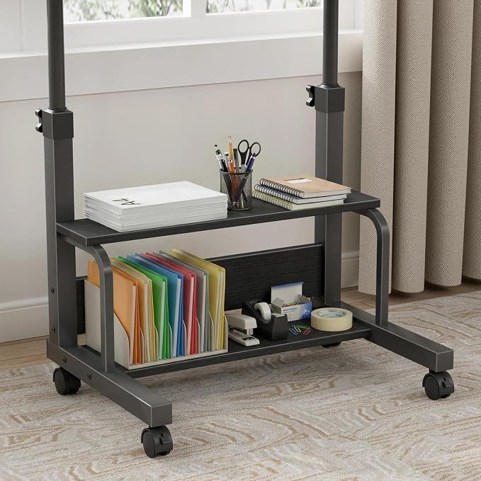 WINAZ Small Portable Rolling Kids Desk - 32" Mobile Laptop Desk with Wheels for Small Spaces, Height Adjustable C Shaped Side Table with 2-Tier Storage Shelves, Black