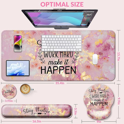 Desk Mat Set + Keyboard and Mouse Pad with Wrist Rest Support,4-in-1 Large Mousepad Computer Mats for Desktop Home & Office-Pink Positive