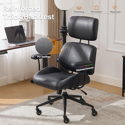 E-Motie Ergonomic Leather Office Chair, Computer Desk Chair, Black | Adjustable Headrest, 360° Swivel & Rolling Wheels, Lumbar Support, Padded Arms, High Back, for Long Hours Sitting