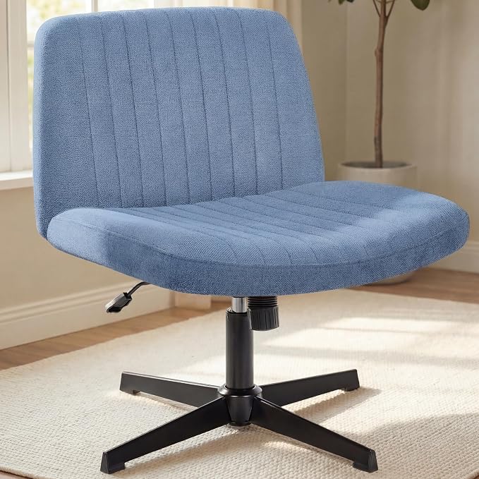 NEO CHAIR Criss Cross Chair No Wheel Vanity Desk Chair Wide Armless Cross Legged Office Comfy Makeup Adjustable Computer Task for Home Office Fabric (Blue)