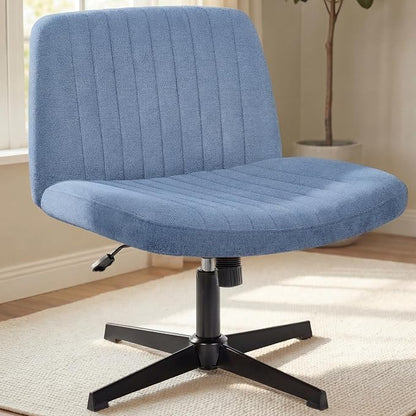 NEO CHAIR Criss Cross Chair No Wheel Vanity Desk Chair Wide Armless Cross Legged Office Comfy Makeup Adjustable Computer Task for Home Office Fabric (Blue)