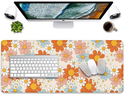 Vintage Floral Mouse Pad Daisy Desk Pad,Retro Flower Mouse Mat,Extended Gaming Mouse Mat,Stitched Edges Non-Slip Waterproof Rubber Base Mous Mat for Office Home Work Game Desk Pad(27.5X11.8 in)