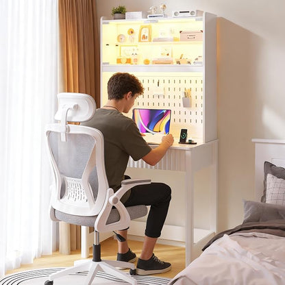Lvifur Small Writing Desk with Power Outlet - LED Study Desk with Drawer & Hutch, Home Office Desk with Shelf & Pegboard, Space Saving Study Table Work Station for Dorm, Living Room (White)
