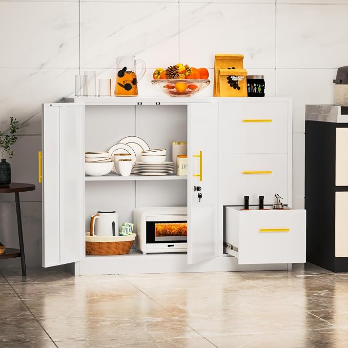pozdeg Buffet Sideboard Cabinet with Storage, 36.61" H Kitchen Storage Pantry Cabinet with 3 Drawers, Metal Cupboard Coffee Bar Station Table for Kitchen, Living Room, Dining Room (White)
