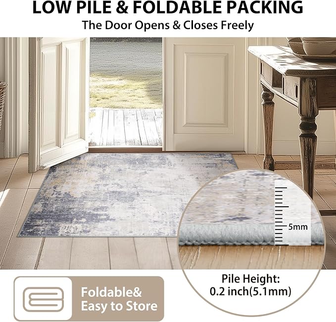 RELEANY Washable Area Rugs Square 8ft Non-Slip Modern Abstract Soft for Living Room Entryway Bedroom Kitchen, Print Pattern, Purple Grey Cream Yellow