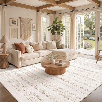 Nakagishi Area Rug Living Room Rugs: 6x10 Large Soft Machine Washable Boho Moroccan FarmNeutral Stain Resistant Indoor Floor Carpet for Bedroom Under Dining Table Home Office Decor-Cream Brown