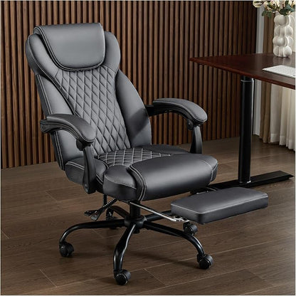 amseatec Big and Tall Office Chair with Footrest, Ergonomic Leather High Back Computer Chair Infinite Lock Reclining 90°-135°,20 Spring Packs,300lbs Executive Desk Chair for Home Office（Gray）