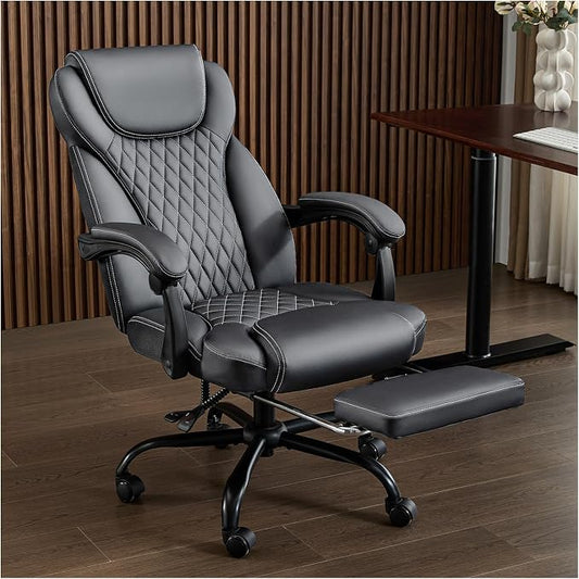 amseatec Big and Tall Office Chair with Footrest, Ergonomic Leather High Back Computer Chair Infinite Lock Reclining 90°-135°,20 Spring Packs,300lbs Executive Desk Chair for Home Office（Gray）