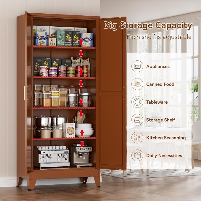 Brown Metal Storage Cabinet,71" Tall Farmhouse Storage Cabinets with 2 Morden Rhombus Doors and 4 Adjustable Shelves, Rustic Freestanding Cupboard for Kitchen,Home Office Living Room,Dining Room
