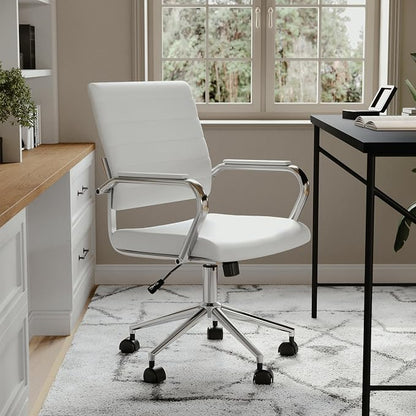 Martha Stewart Piper Swivel Task Chair with Armrests for Home Office in White Faux Leather with Polished Nickel Frame