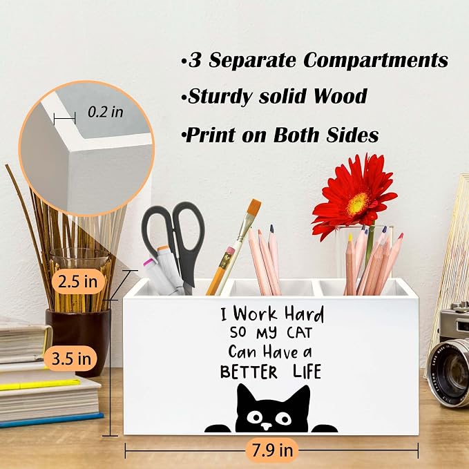 Funny Black Cat Pen Holder for Desk, Black Cat Lover Gifts Pencil Organizer, I Work Hard So My Cats Can Have a Better Life Wooden Pen Holder Desk Accessories Decor for Home Office