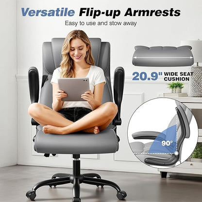 BESTFAIR Ergonomic Office Chair - Desk Computer Chair, Leather High Back Executive Chairs with Adjustable Lumbar Support & Flip Up Arms, Gray 4 Pack