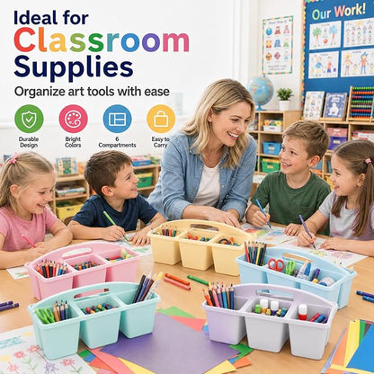 6 Pack Assorted Colors 6 Compartment Classroom Caddy with Handle Portable Plastic Storage Classroom Caddies Organizer for Classrooms Supply Teacher Office Table Desk(Pink Purple)