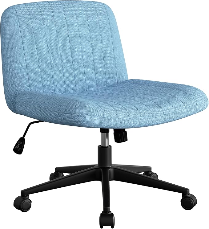 SUNLEI Cross Legged Office Chair with Wheels, Armless Wide Chair's for Vanity Desk, Criss Cross Comfy Chairs with Back, Desk Chair/s of Height Adjustable Swivel, Blue