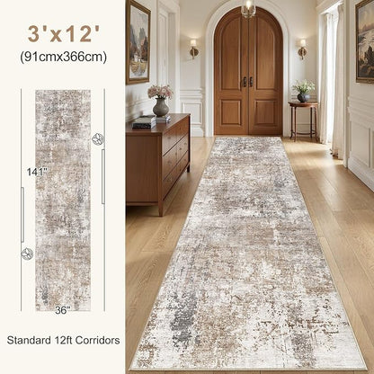UERMEI 3x12 Washable Runner Rug for Hallway, Non Slip Low Pile Kitchen Carpet, Neutral Modern Abstract Indoor Floor Mat for Entryway Laundry, Kid & Pet Safe High Traffic Area, Brown/Grey/Red