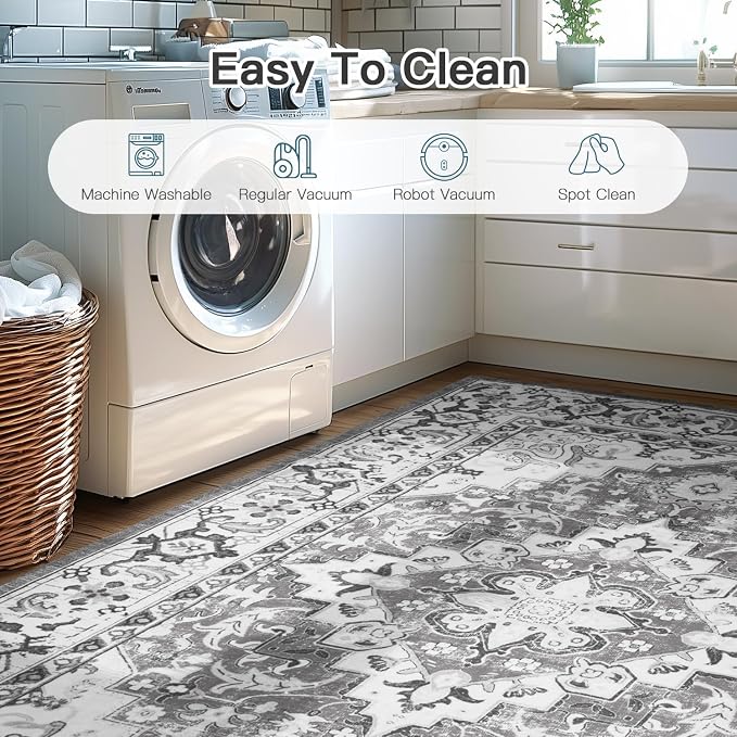 Lofus 2x6 Hallway Washable Runner Rug, Vintage Kitchen Runners Non Slip, Entryway Rugs for Bathroom Bedroom Living Room Laundry Room Floor Mat, Boho Entry Long Carpet, Floral Grey
