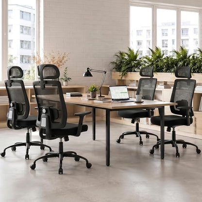 Ergonomic Office Chair with Headrest, Mesh Office Chair for Long Sitting, Comfortable Desk Chair with Flip-Up Arms, Adjustable Swivel Computer Chair for Home Office, Study, Gaming, Black