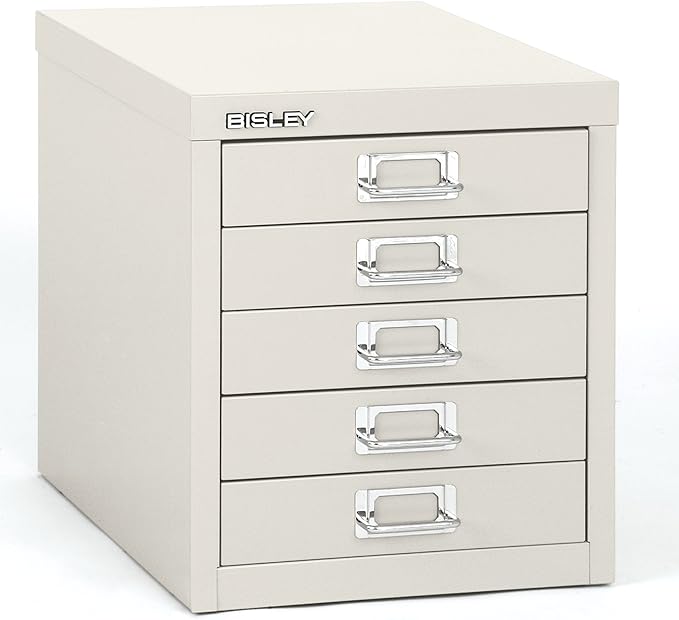 Bisley 5-Drawer Steel MultiDrawer Cabinet - Traffic White | Chrome Pull Handles with Label Holders, Powder-Coated Steel, Removable Drawers, Desktop Storage, Labels Included