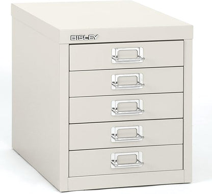 Bisley 5-Drawer Steel MultiDrawer Cabinet - Traffic White | Chrome Pull Handles with Label Holders, Powder-Coated Steel, Removable Drawers, Desktop Storage, Labels Included