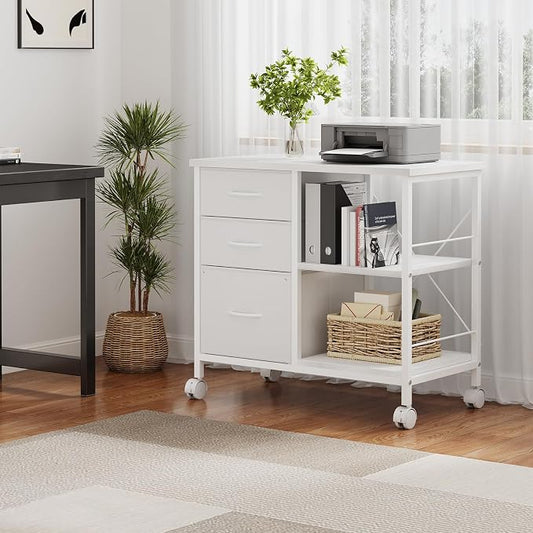 DUMOS 3-Tier Mobile File Cabinet, Printer Stand with Storage, Office Table with Drawers and Back Support Bar, Holds 110lbs for Home Office, White