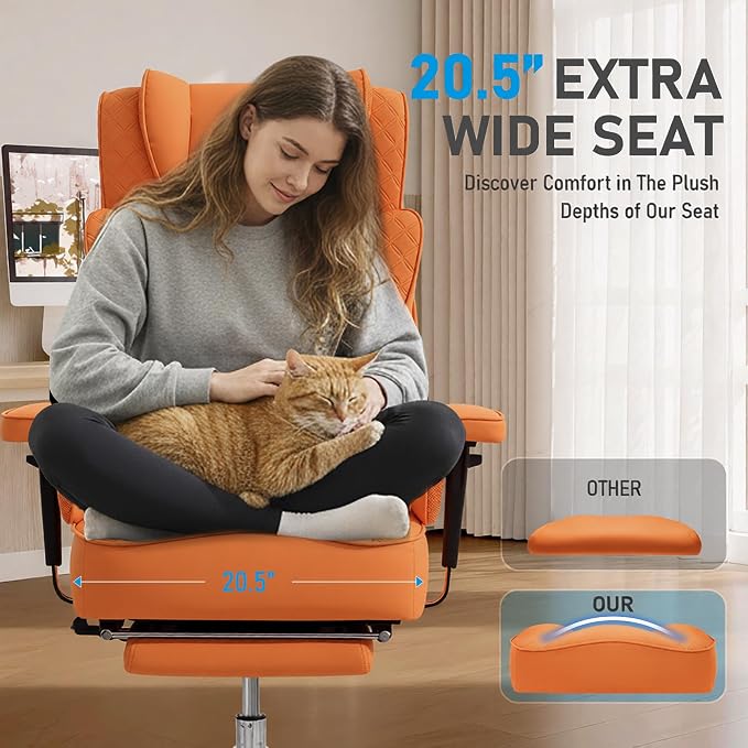 Big and Tall Office Chair, Leather Executive Ergonomic Desk Chair with Footrest, Comfy High-Back Computer Reclining Chairs with Lumbar Support (Orange)