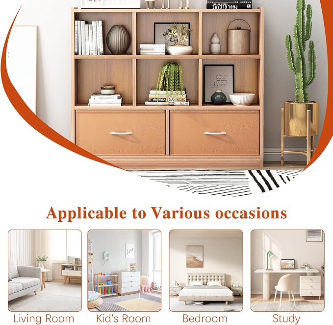 Adompacat Cube Bookshelf Storage Organizer Bookcase,8 Cube Open Mid-Centur Shelf,Freestanding Display Bookshelve, Modern Wide Toy Shelf with Drawers for Bedroom Living Room Office (Natural)