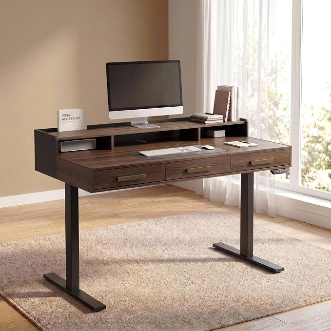 ModernMate Electric Standing Desk with 3 Drawers & Monitor Shelf, 48" Height Adjustable Sit Stand Desk with Storage, Home Office Computer Workstations for Small Space, Black Walnut
