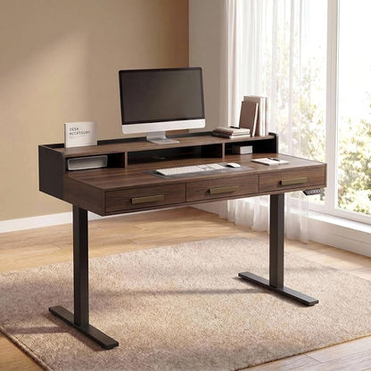 ModernMate Electric Standing Desk with 3 Drawers & Monitor Shelf, 48" Height Adjustable Sit Stand Desk with Storage, Home Office Computer Workstations for Small Space, Black Walnut