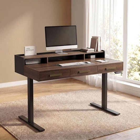 ModernMate Electric Standing Desk with 3 Drawers & Monitor Shelf, 48" Height Adjustable Sit Stand Desk with Storage, Home Office Computer Workstations for Small Space, Black Walnut