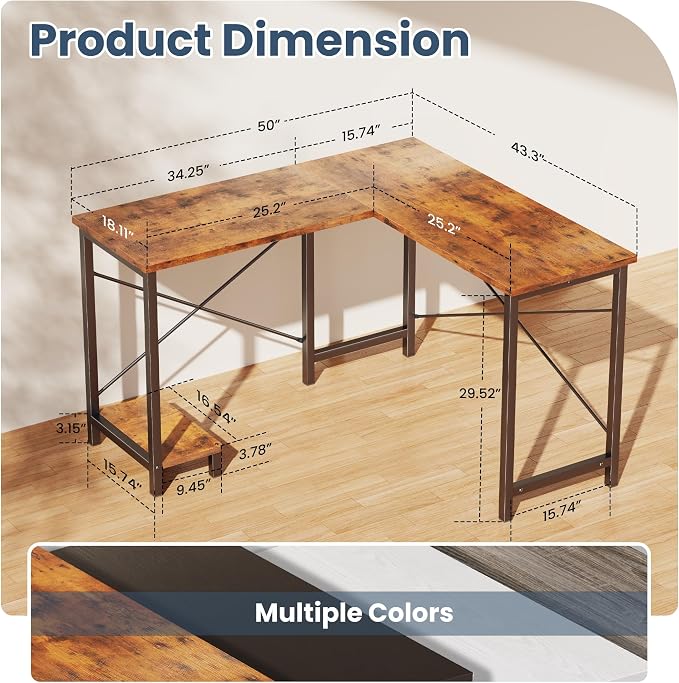 DUMOS L Shaped Desk, Computer Gaming Desks Corner Office Table with CPU Shelf for Home Study Writing Work Station 50 Inch, Sturdy Modern Design, Study, and Home Office Use, Rustic Brwon