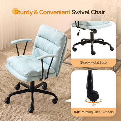 VINGLI Comfortable Office Desk Chairs with/No Wheels,Dual-Base,Removable Armrests,Adjustable Comfy Rolling Swivel Computer Task Nail Chair for Office,Sewing,Makeup Vanity,Teen,Linen Fabric,Mint Green