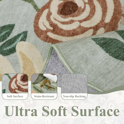 DUKINO 2x3 Entryway Rug, Floral Washable Indoor Door Mat with Non-Slip Backing, Soft Low Pile Small Front Door Throw Rugs for Entryway, Kitchen, Bedroom, Laundry, Bathroom, Sage Green