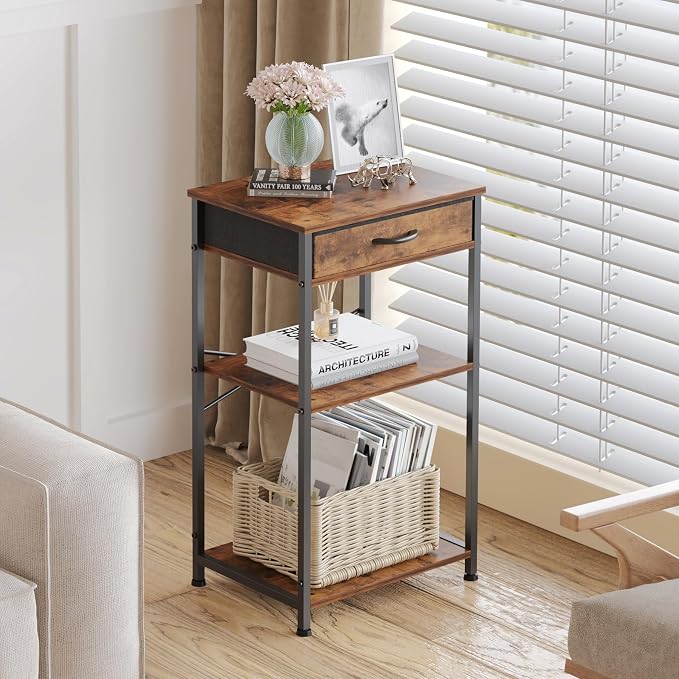 Small Printer Stand with Fabric Drawer & Storage Side Table | Sturdy compact build, works as nightstand end table & accent table. Ideal for bedroom living room & home office daily storage