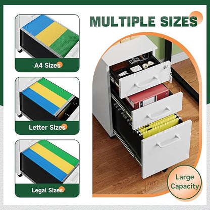 Letaya 3 Drawer Mobile File Cabinet with Lock,Under Desk Metal Filing Cabinets for Home Office Organizer,Small Rolling Printer Stand with Wheels,for Letters/Legal/A4(Assembly Required) (White)