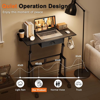 Adjustable Height Standing Desk with Drawer, Rolling Sit to Stand Up Desk with Wheels Height 31.5"-43.3" Small Mobile Laptop Standing Desk for Treadmill Walking Pad, Movable Classroom Podium (Black)