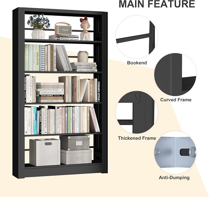 69" Tall Bookshelf, 5 Tier Black Bookcase with Adjustable Shelves, Freestanding Large Open Book Shelf Etagere Bookcase for Bedroom, Library, Living Room, Office