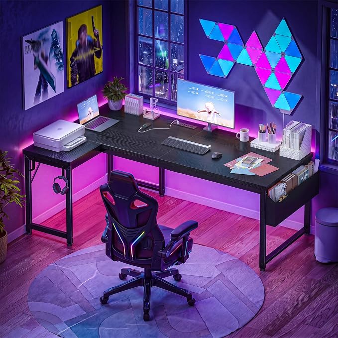 DurayLoly 55" 0.95 Thicker L Shaped Computer Desk for Home Office, Black | Gaming Desk with Power Outlets & LED Lights,Computer Desk for 2 Monitors ,Reversible Corner Desk,220 lbs,Bedroom,Home Office