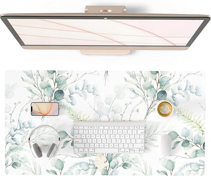 QIYI Large Mouse Pad for Desk, Cute Desk Mat for Desktop, Women Girls Green Office Décor Desk Accessories, PU Leather Waterproof Gaming Mousepad, Eucalyptus Leaf Desk Pad Computer Mat, 31.5" x 15.7"