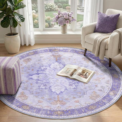 RELEANY Area Rugs Round 4ft Washable Non-Slip, Floral Vintage Distress Medallion Carpet for Living Room Bedroom Dining Room, Light Purple Brown